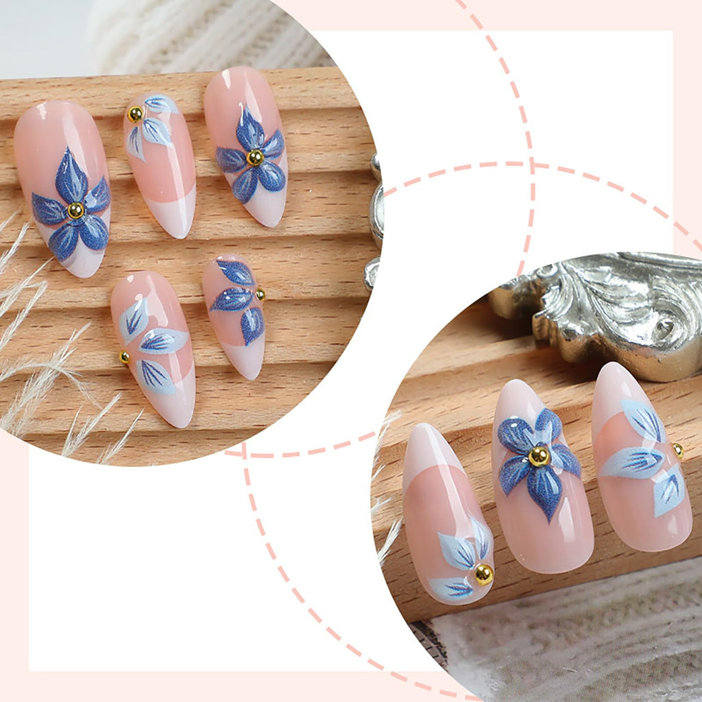 Blue Blossom French Nails | White & Blue Floral Press-On Set