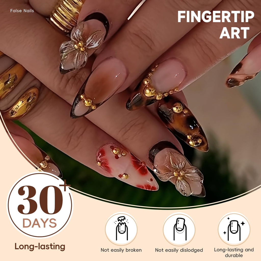 Leopard Blossom Gradient Nails | Brown & Gold 3D Press-On Nail Set