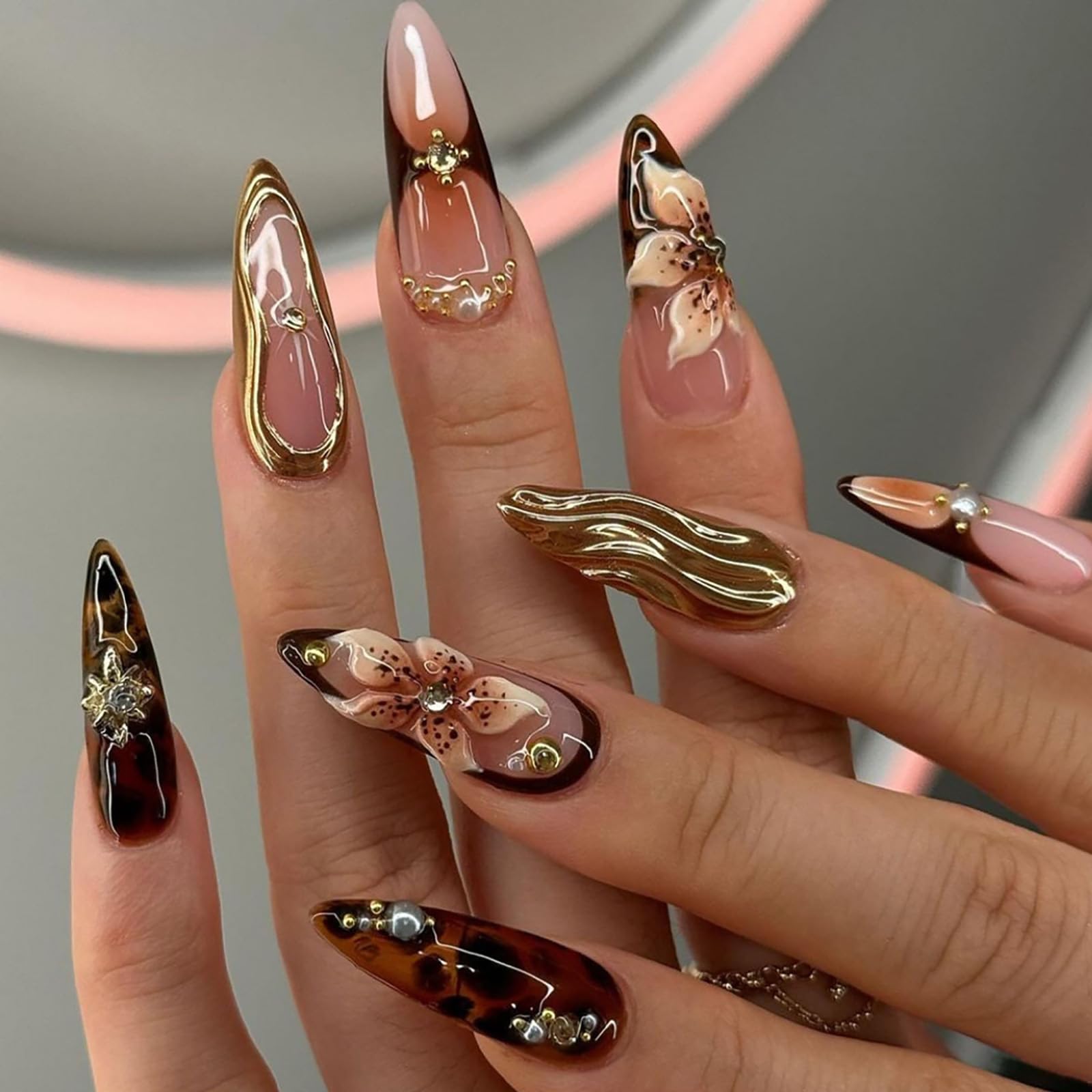 Caramel Bloom Nails | Gold & Brown 3D Press-On Nail Set