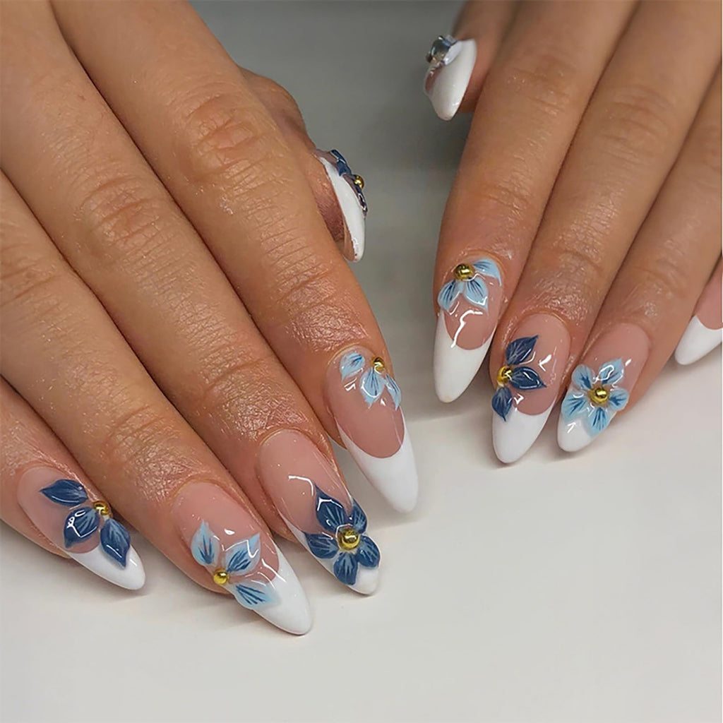 Blue Blossom French Nails | White & Blue Floral Press-On Set