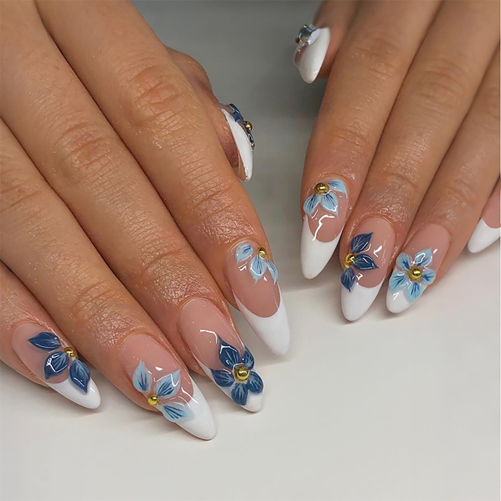 Blue Blossom French Nails | White & Blue Floral Press-On Set