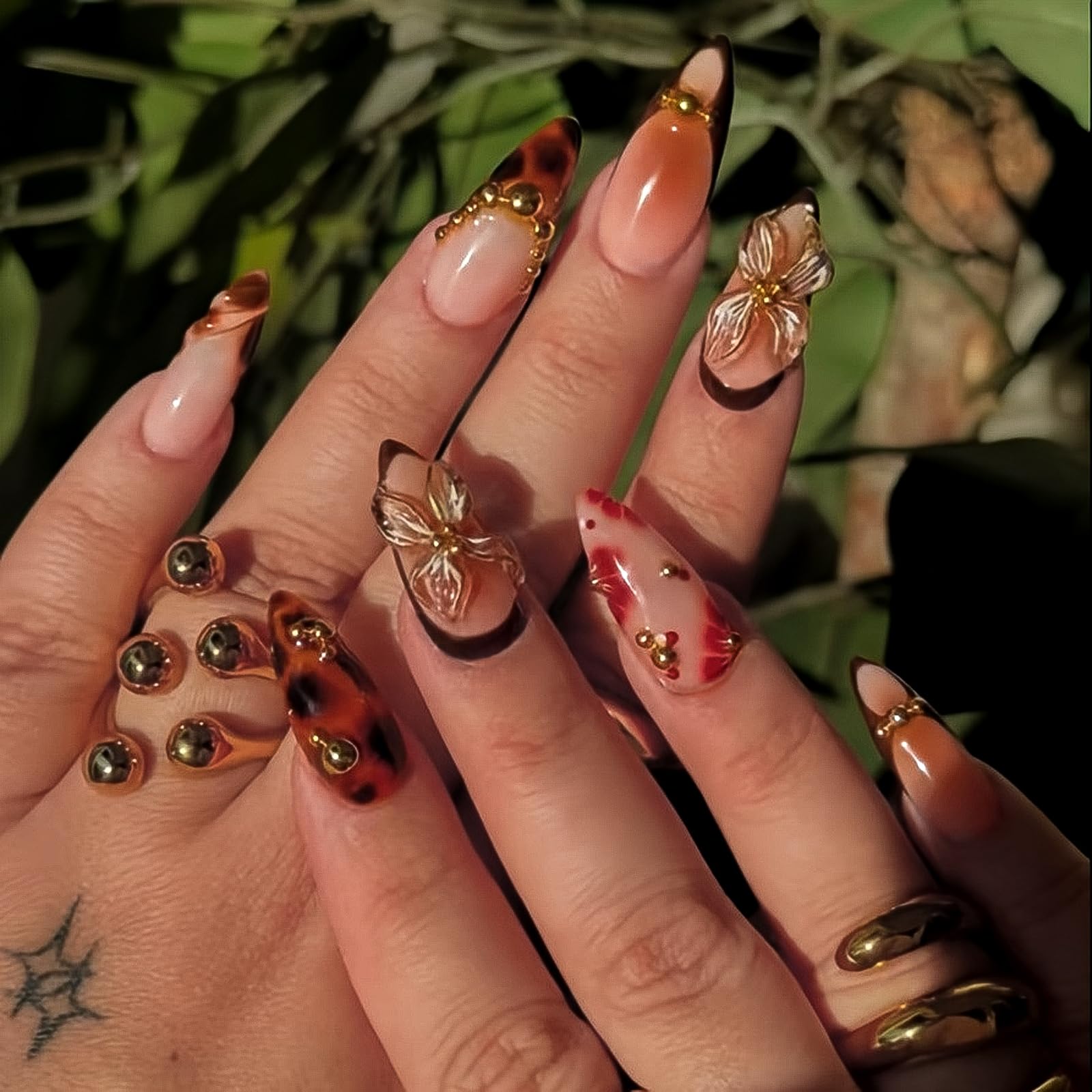 Leopard Blossom Gradient Nails | Brown & Gold 3D Press-On Nail Set