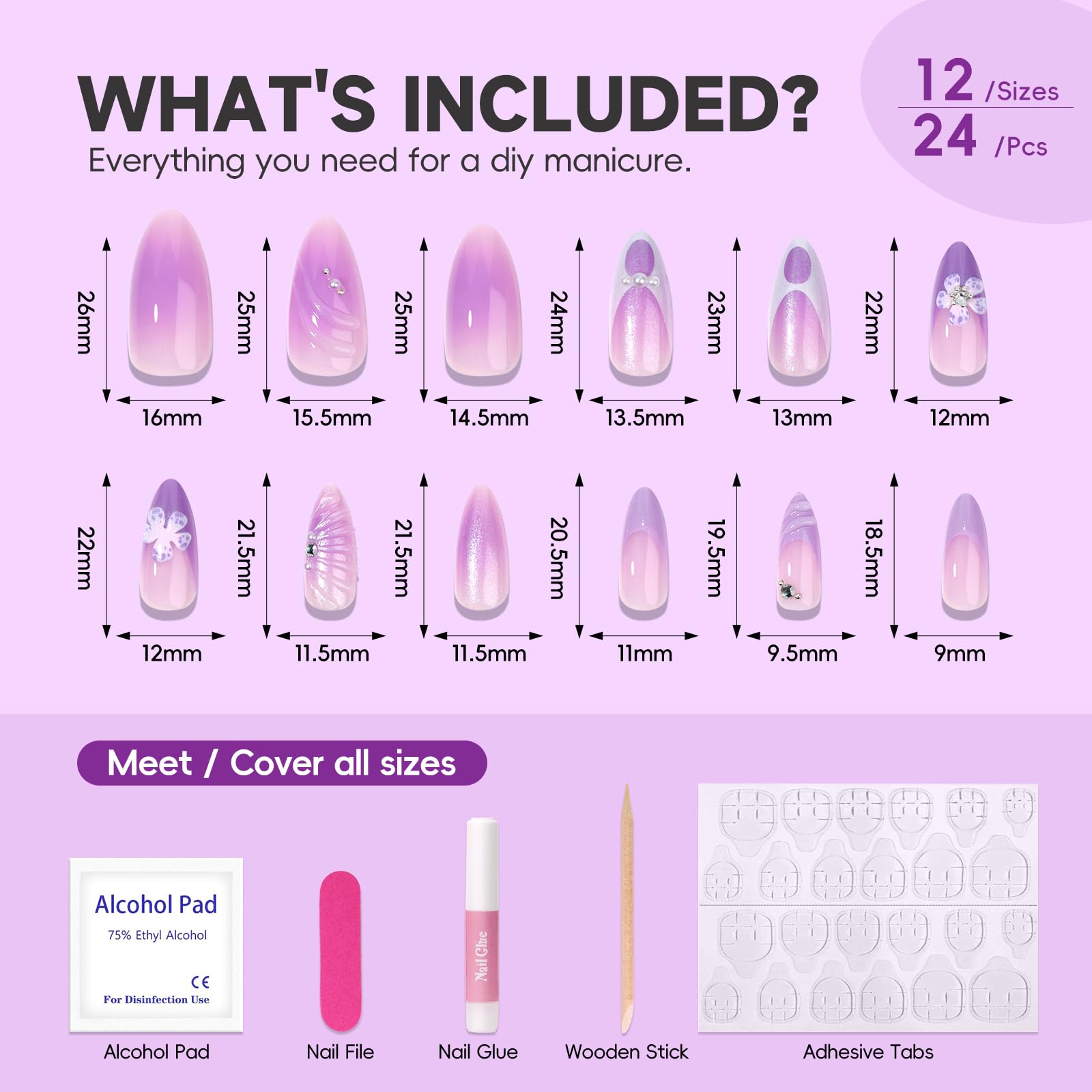 Lilac Dream 3D Nails | Purple Floral Press-On Nail Set with Pearls