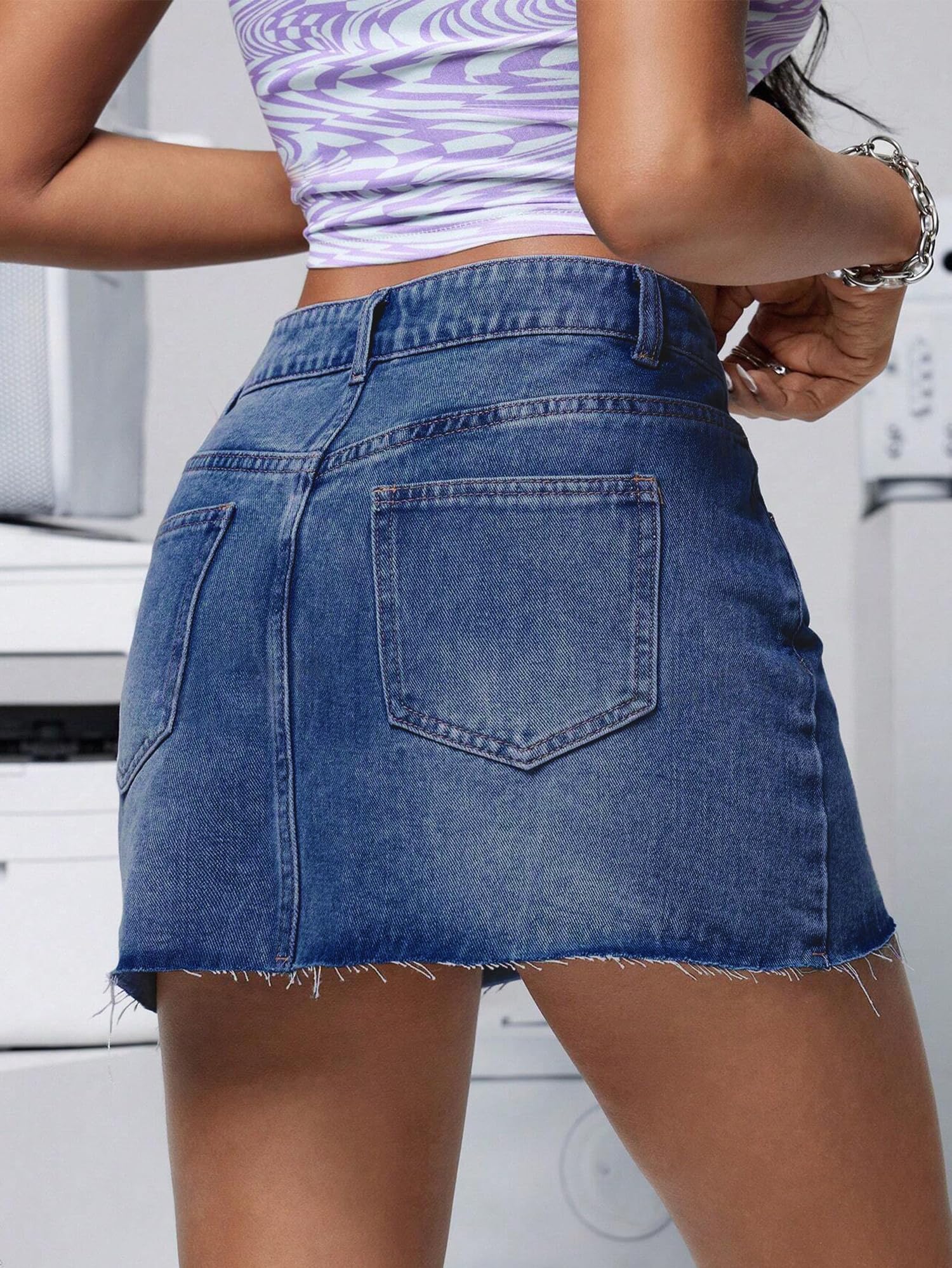 Denim Mini Skirt | Low Waist Stretchy Raw Hem Jean Skirt