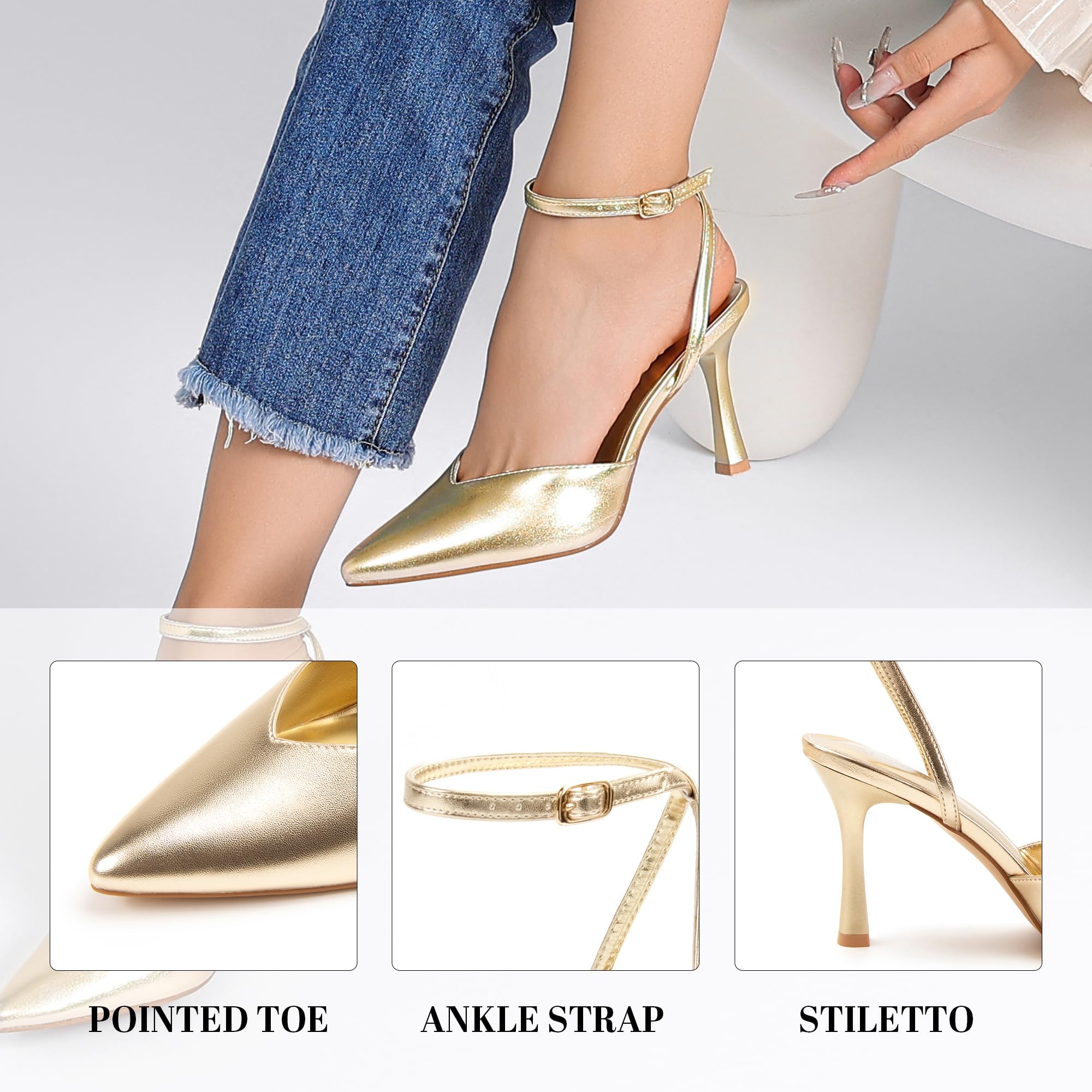 Miorap Closed Pointed Toe Kitten Slingback Heels for Women Ankle Strap Pumps Wedding Party Dressy Comfort Shoes Gold Size 7