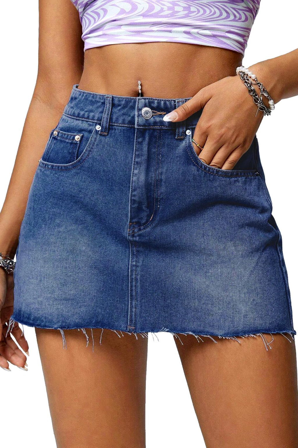 Denim Mini Skirt | Low Waist Stretchy Raw Hem Jean Skirt