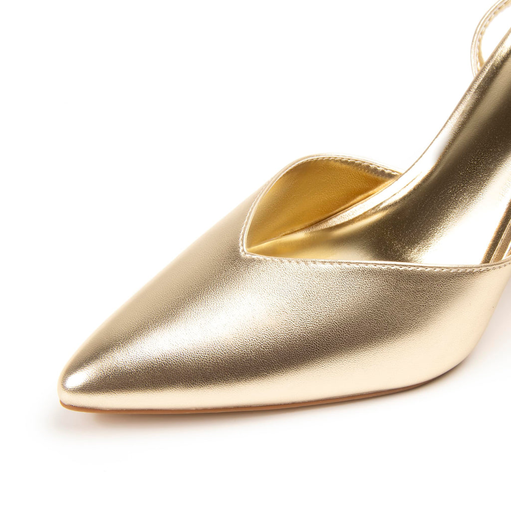 Miorap Closed Pointed Toe Kitten Slingback Heels for Women Ankle Strap Pumps Wedding Party Dressy Comfort Shoes Gold Size 7